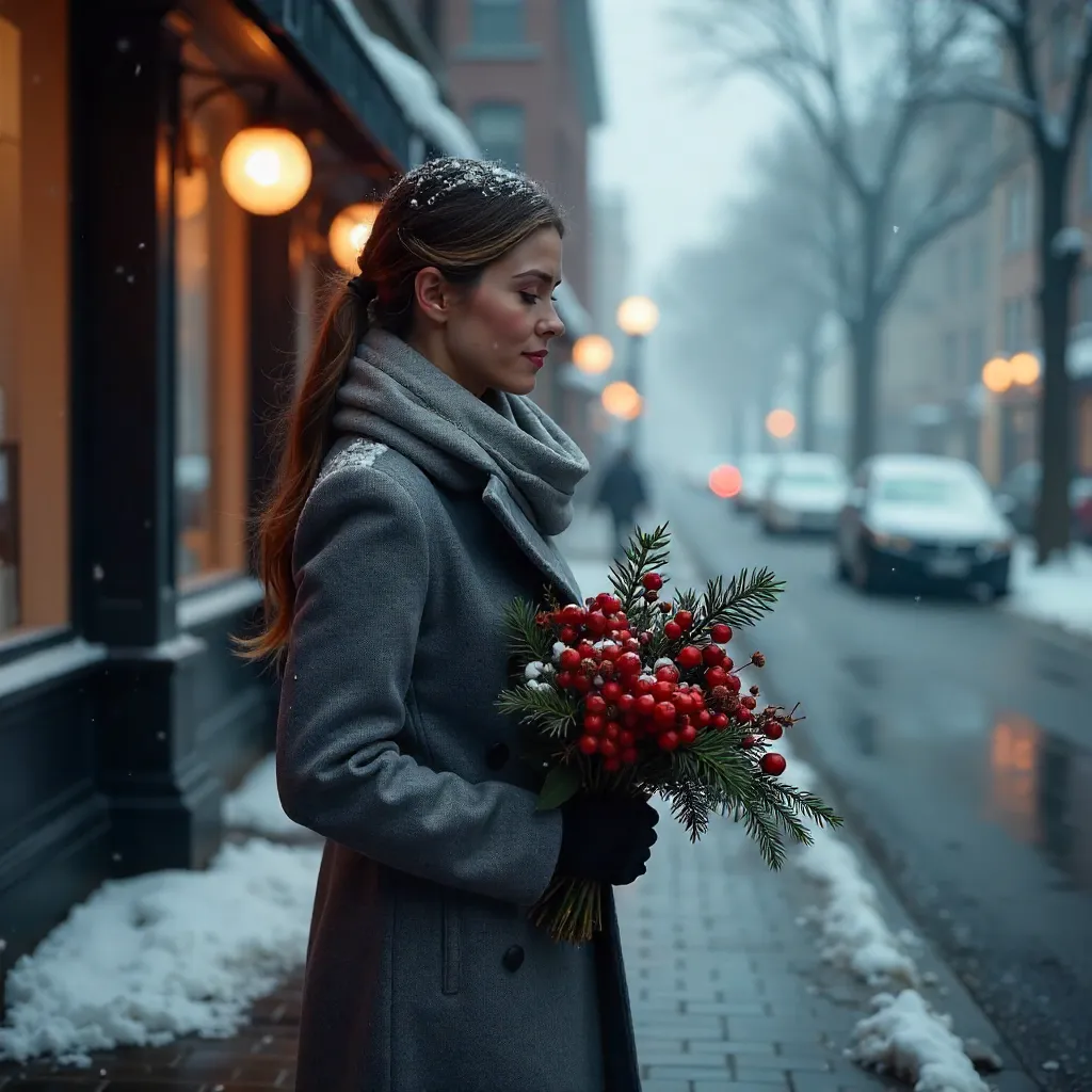 Winter Street Portrait: Gray Coat and Red Berry Bouquet