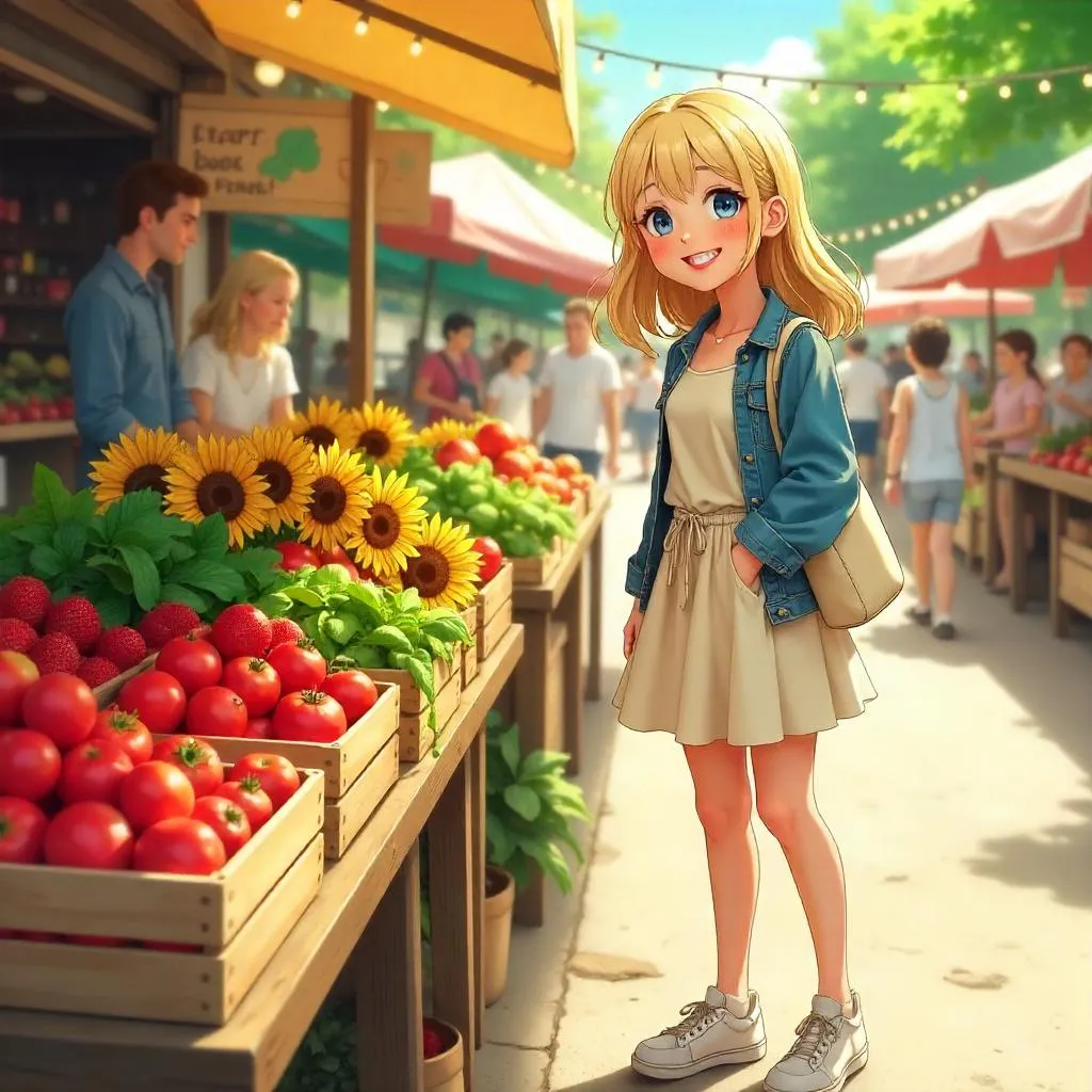 Cheerful White Anime Girl at the Farmers Market