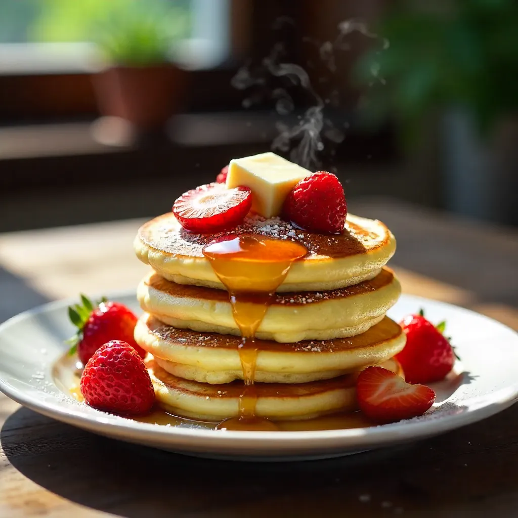 Fluffy Pancakes with Strawberries and Honey