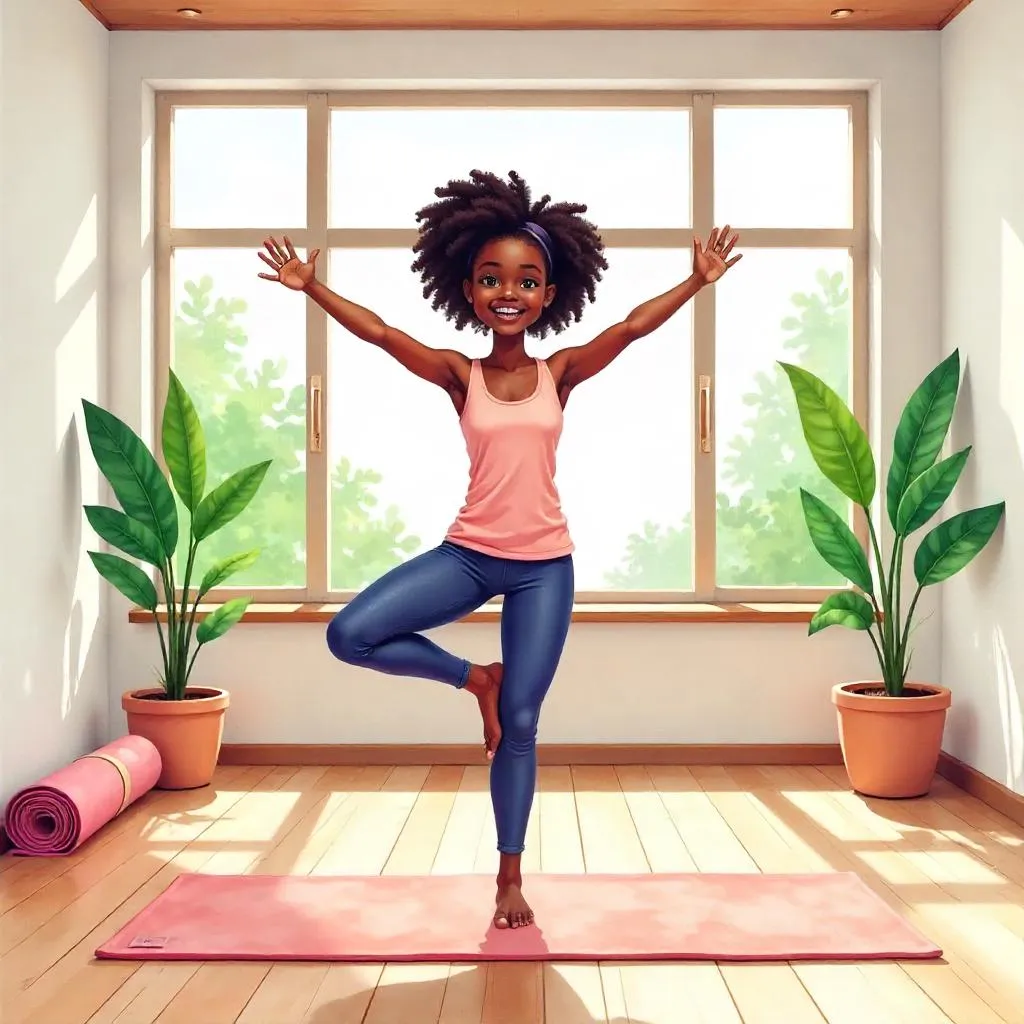 Cheerful Black Girl in a Watercolor Yoga Studio