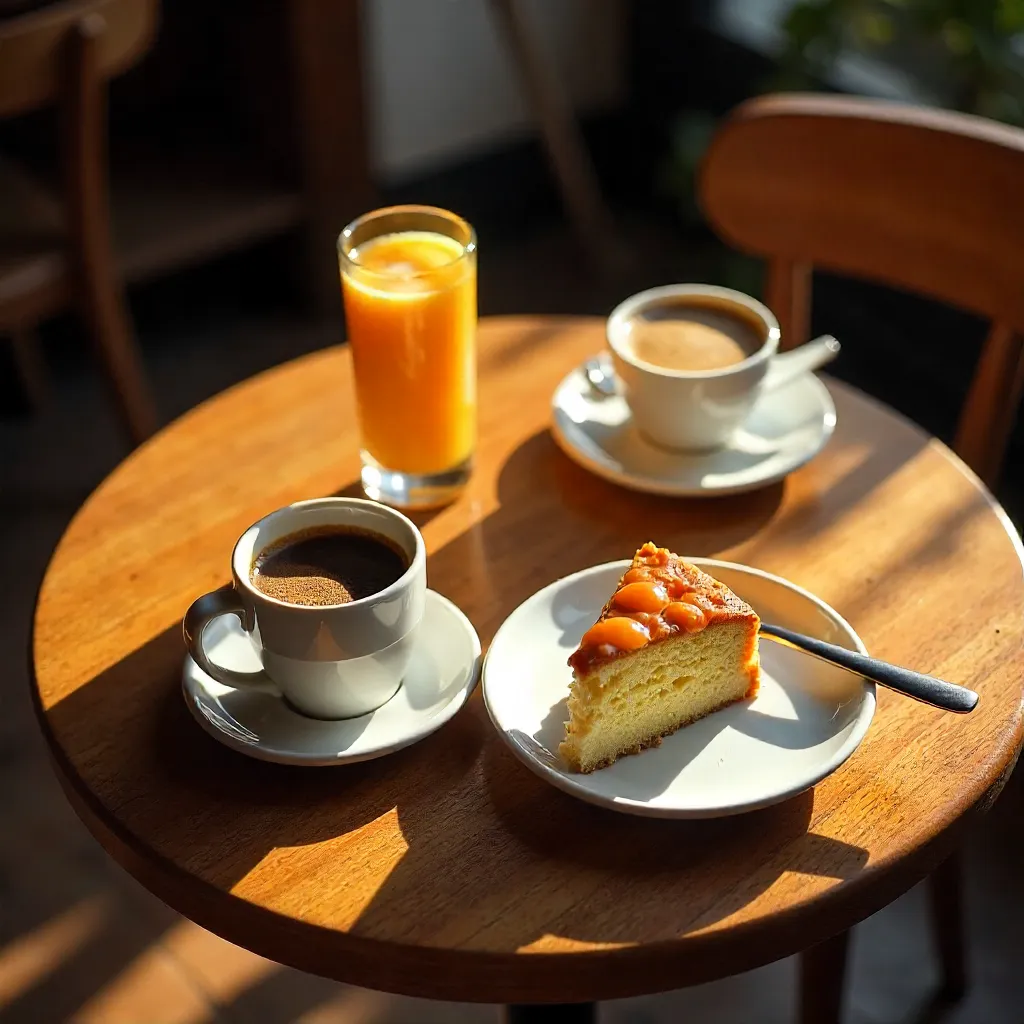 Overhead Cozy Café Table: Cake and Drinks in Golden Light
