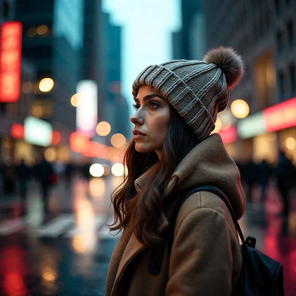 Thoughtful Beanie-Wearing Woman in the Modern City