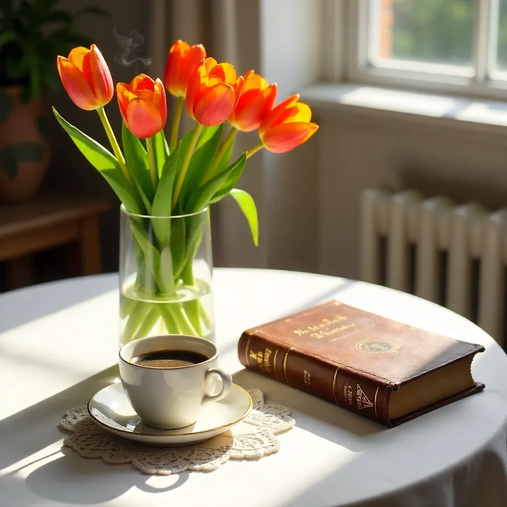 Cozy Morning: Tulips, Coffee, and an Old Book