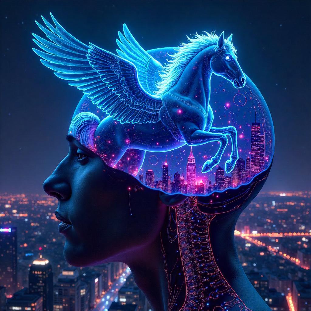 Neon Pegasus Within a Cyber Mindscape