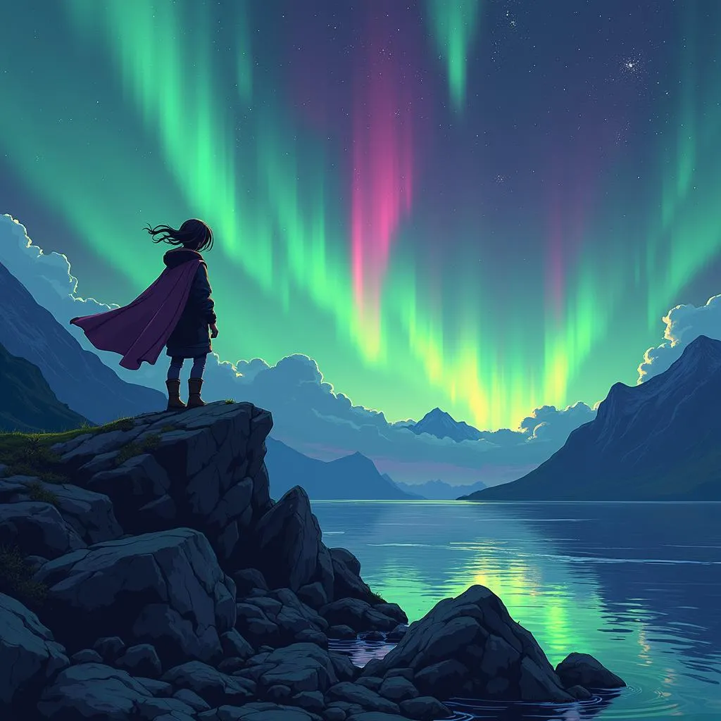 Aurora Over a Rocky Outcrop in Anime Style