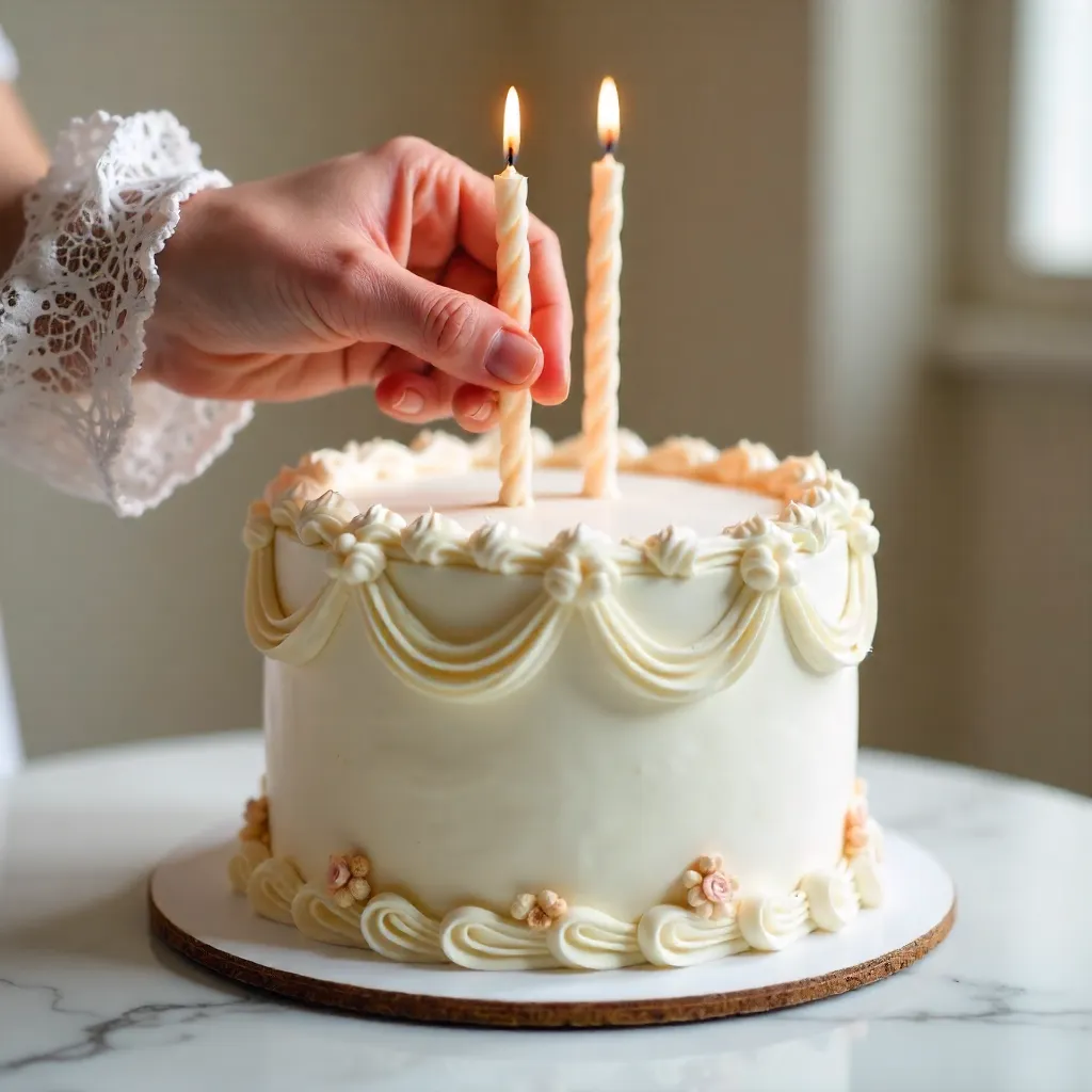 Hand-Arranged Twisted Candles on an Elegant Iced Cake