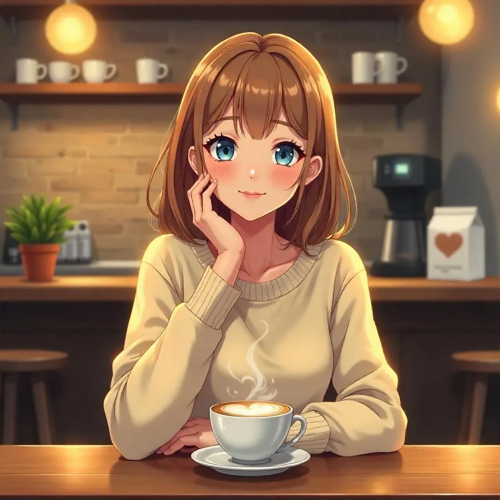 Anime Cafe Portrait: Young Adult Woman in Cozy Coffee Shop