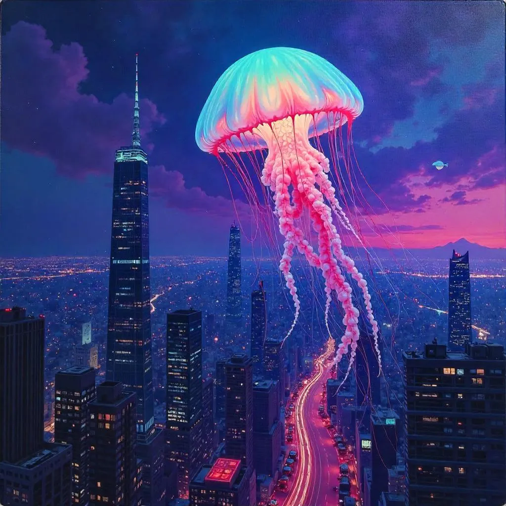 Jellyfish Over Neon City in an Oil Painting