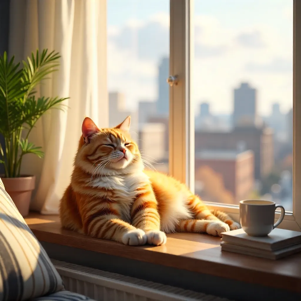 Sunlit Window Sill Cat in Urban Apartment