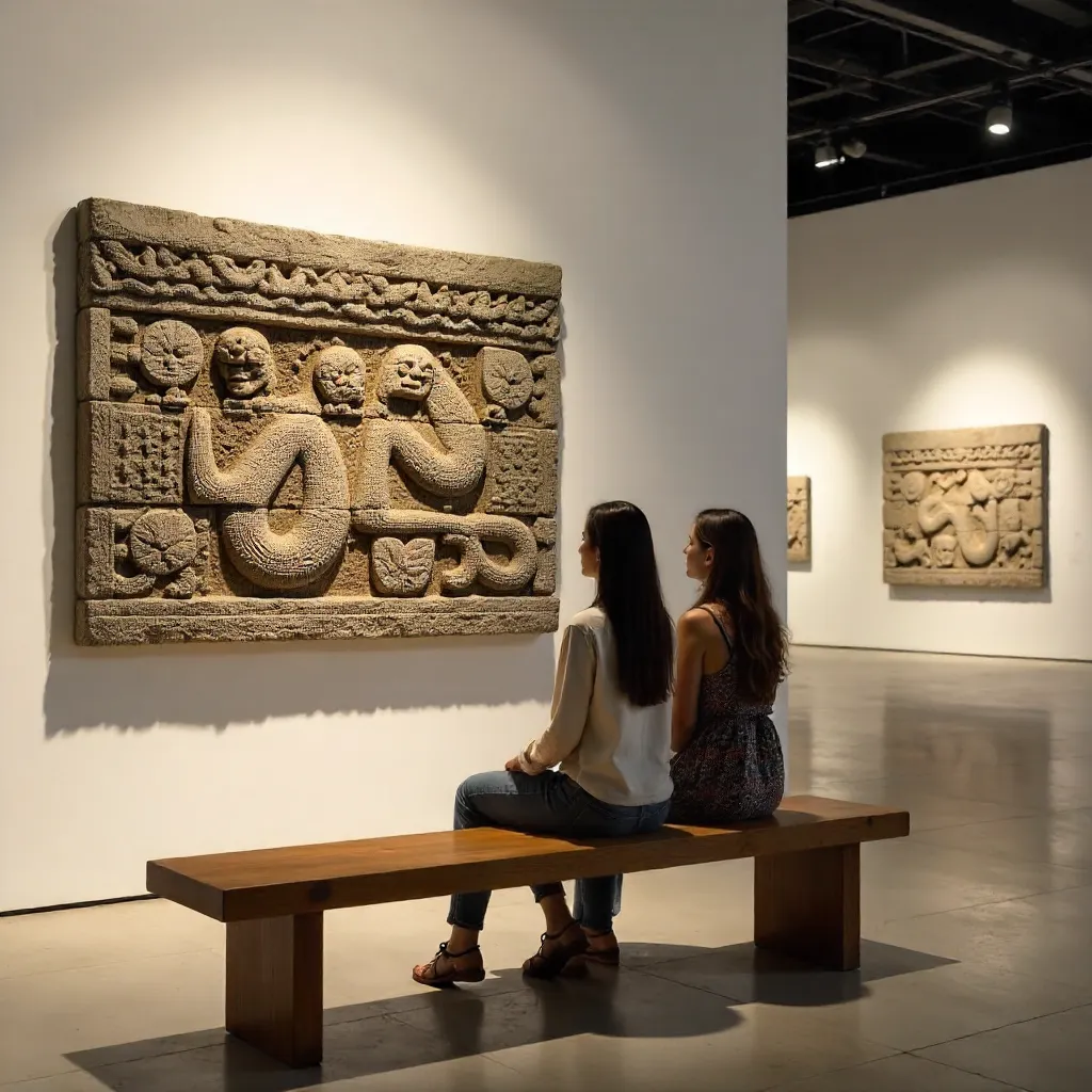 Two Women by Cambodian Carvings in a Gallery