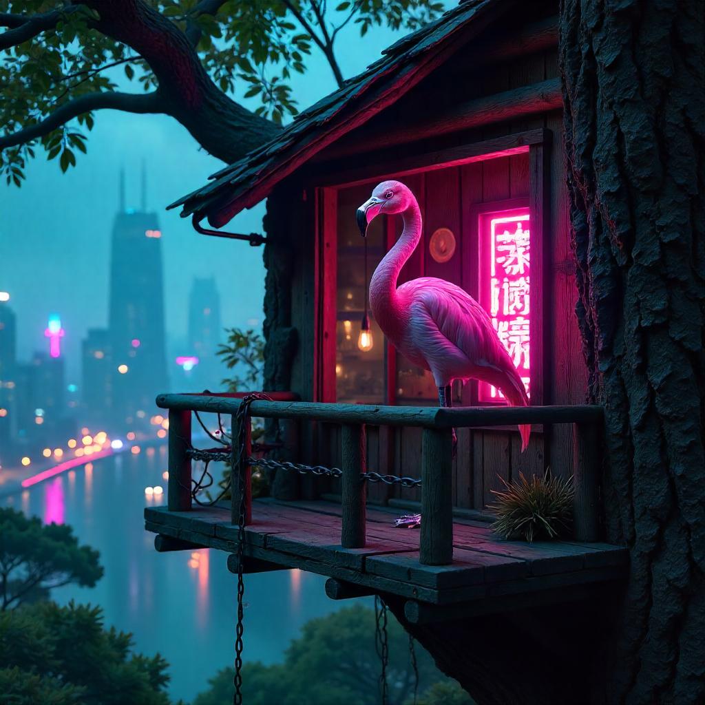 Flamingo in a Neon Cyberpunk Treehouse