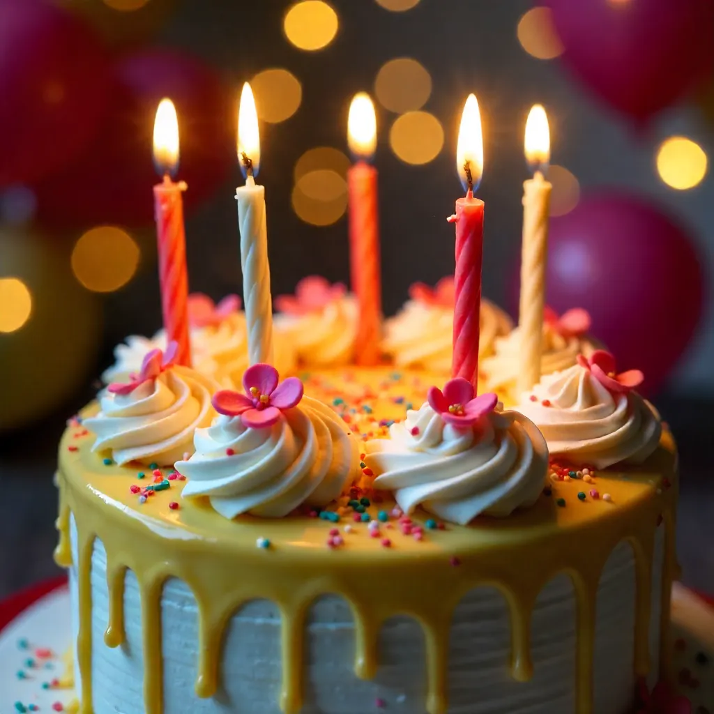 Close-Up Festive Cake with Lit Candles