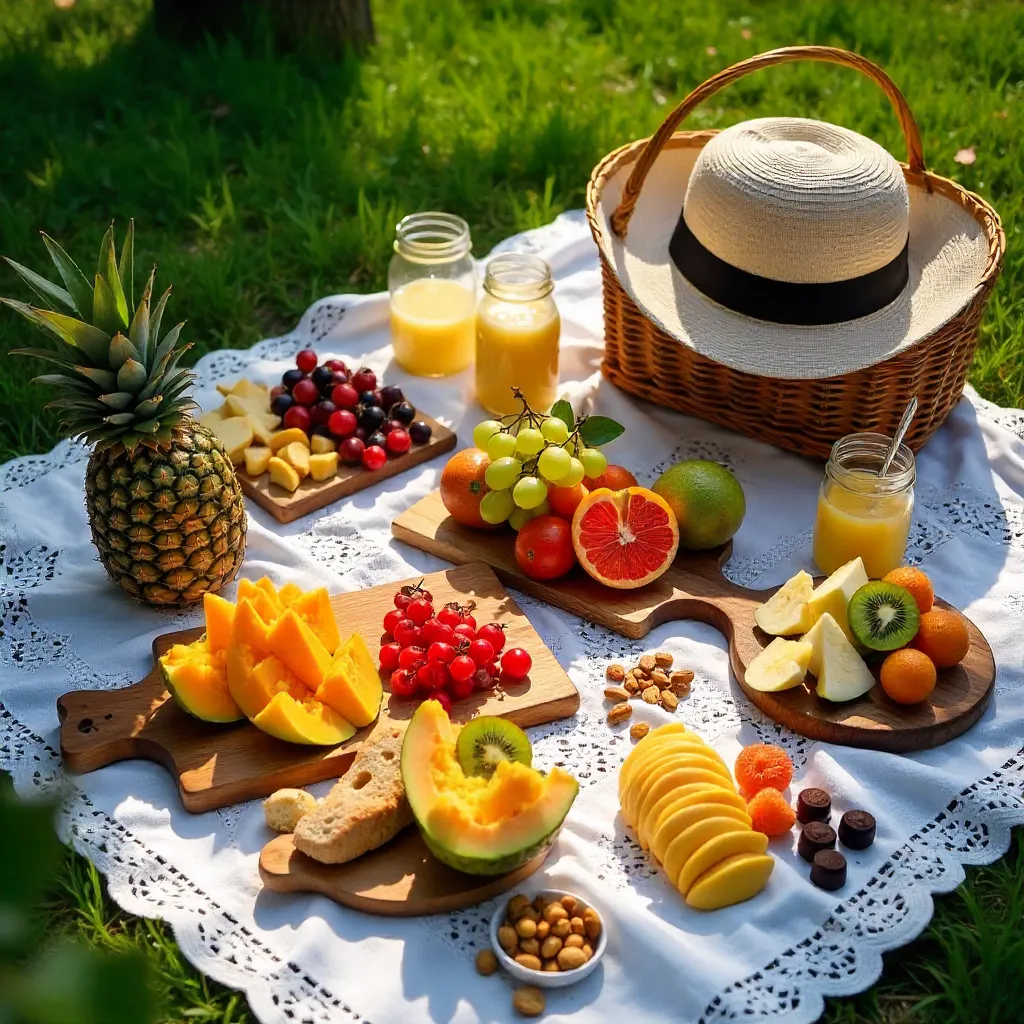 Delicious Tropical Picnic on Lace Cloth