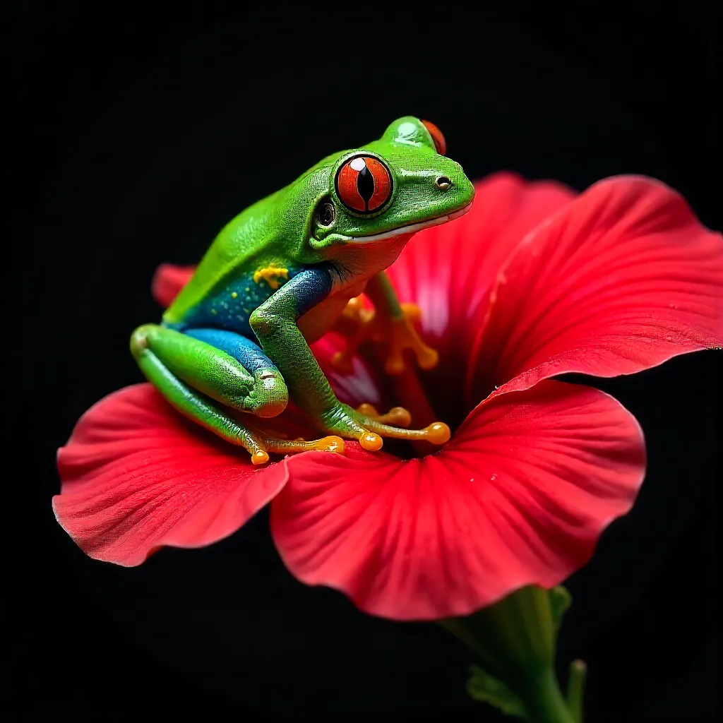 Emerald Tree Frog on Crimson Hibiscus