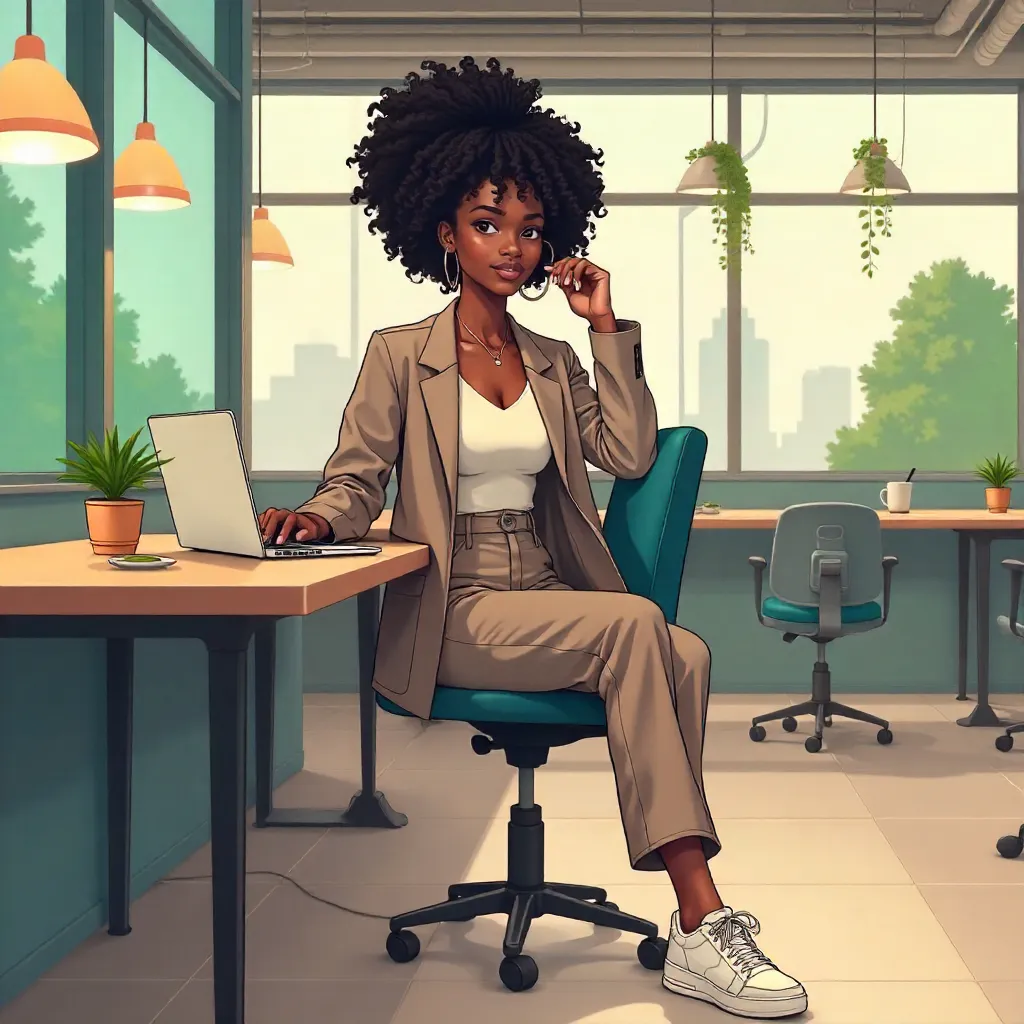 Stylish Black Girl in Anime Coworking Space