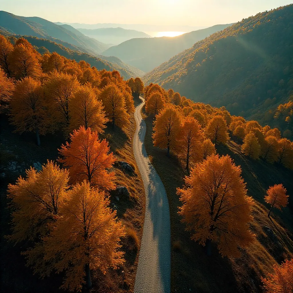 Aerial Serpentine Trail Through Golden Kocaeli Forest