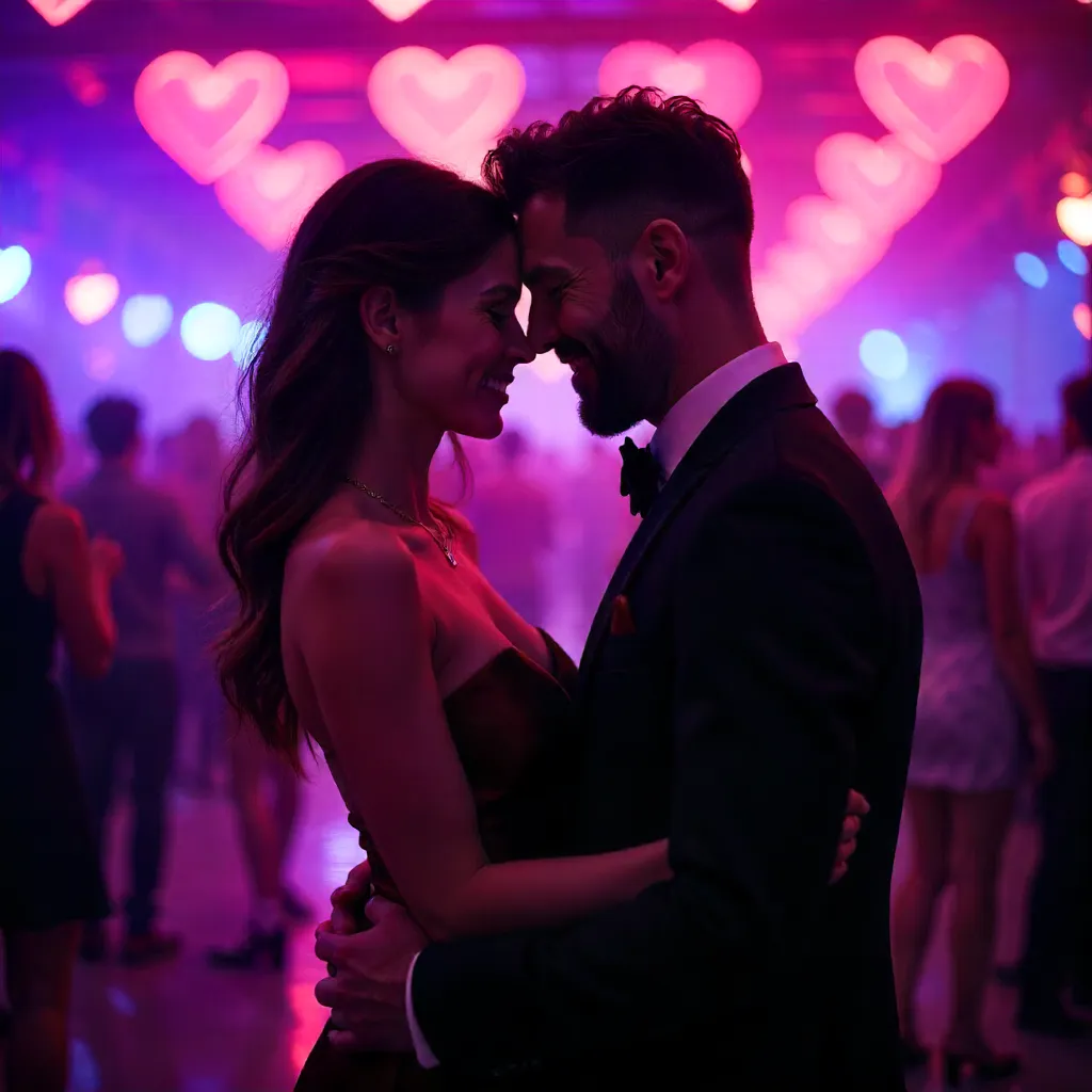 Romantic Embrace Under Heart Neon Nightclub Lights