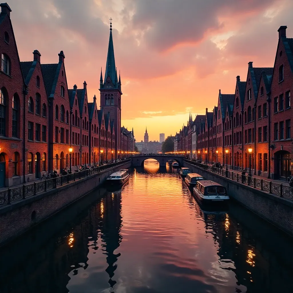 Golden Sunset Over Speicherstadt: Hamburg's Historic Canals