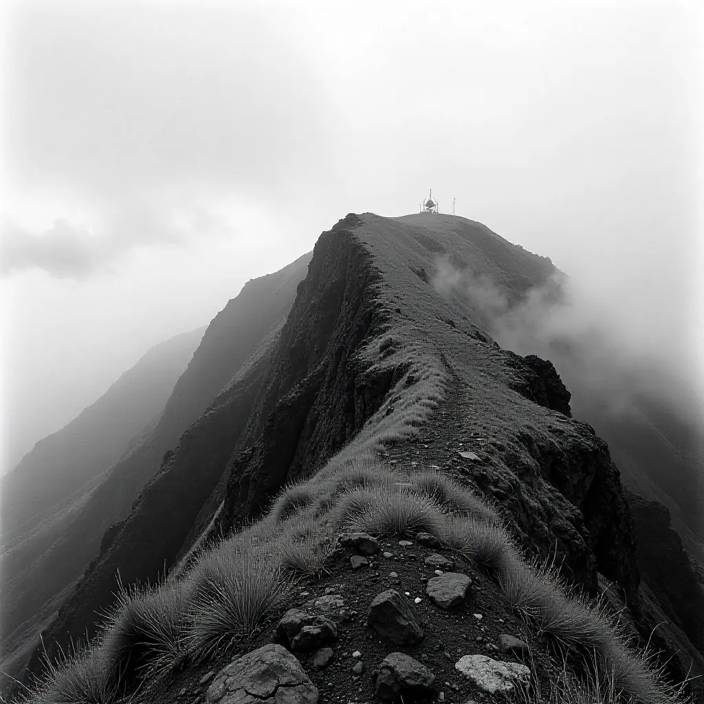 Mist over Madeira: Rugged Peaks and a Distant Radar Dome