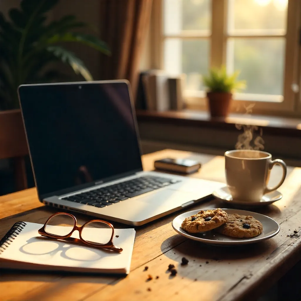 Cozy Desk Setup: Cookies, Laptop, and Glasses