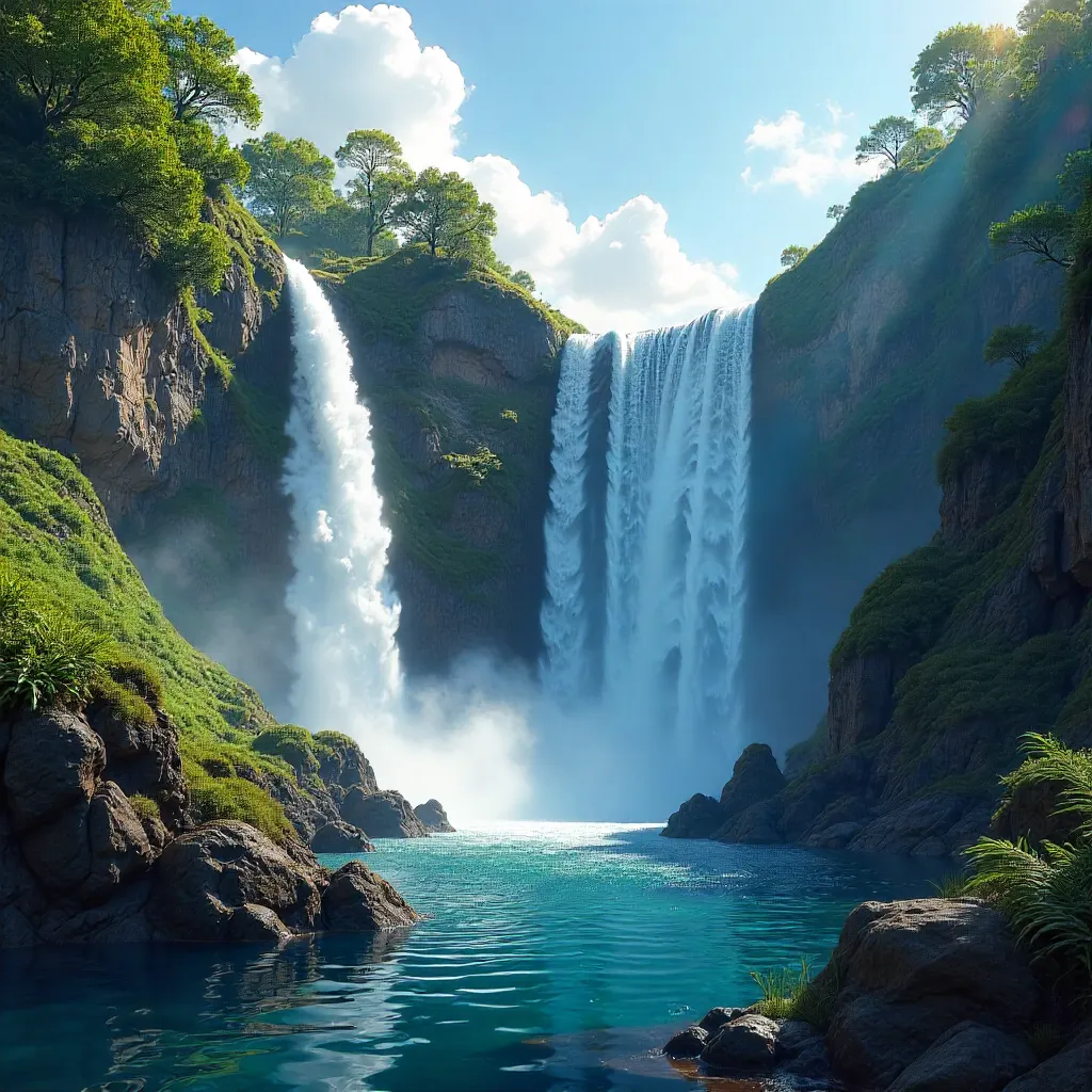 Waterfall Between Rocky Cliffs Under Bright Blue Sky