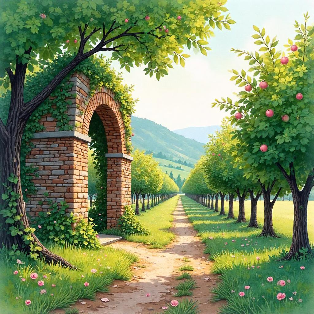 Whispering Ruins in an Orchard: Watercolor Dream