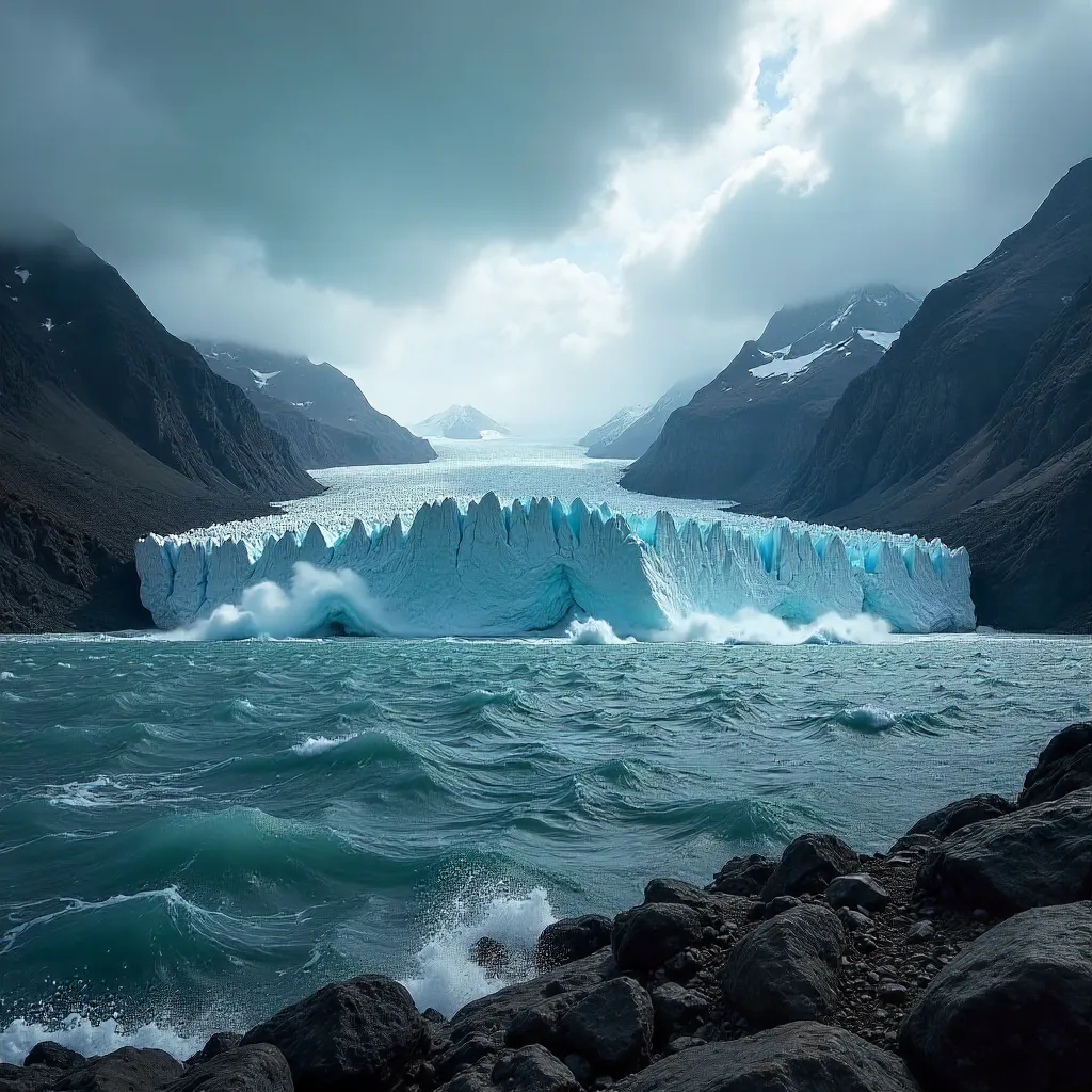 Glacier Between Dark Peaks Under Stormy Skies