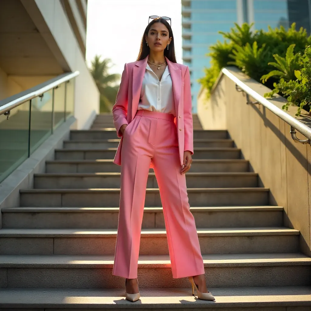 Confident Pink Suit on Urban Steps