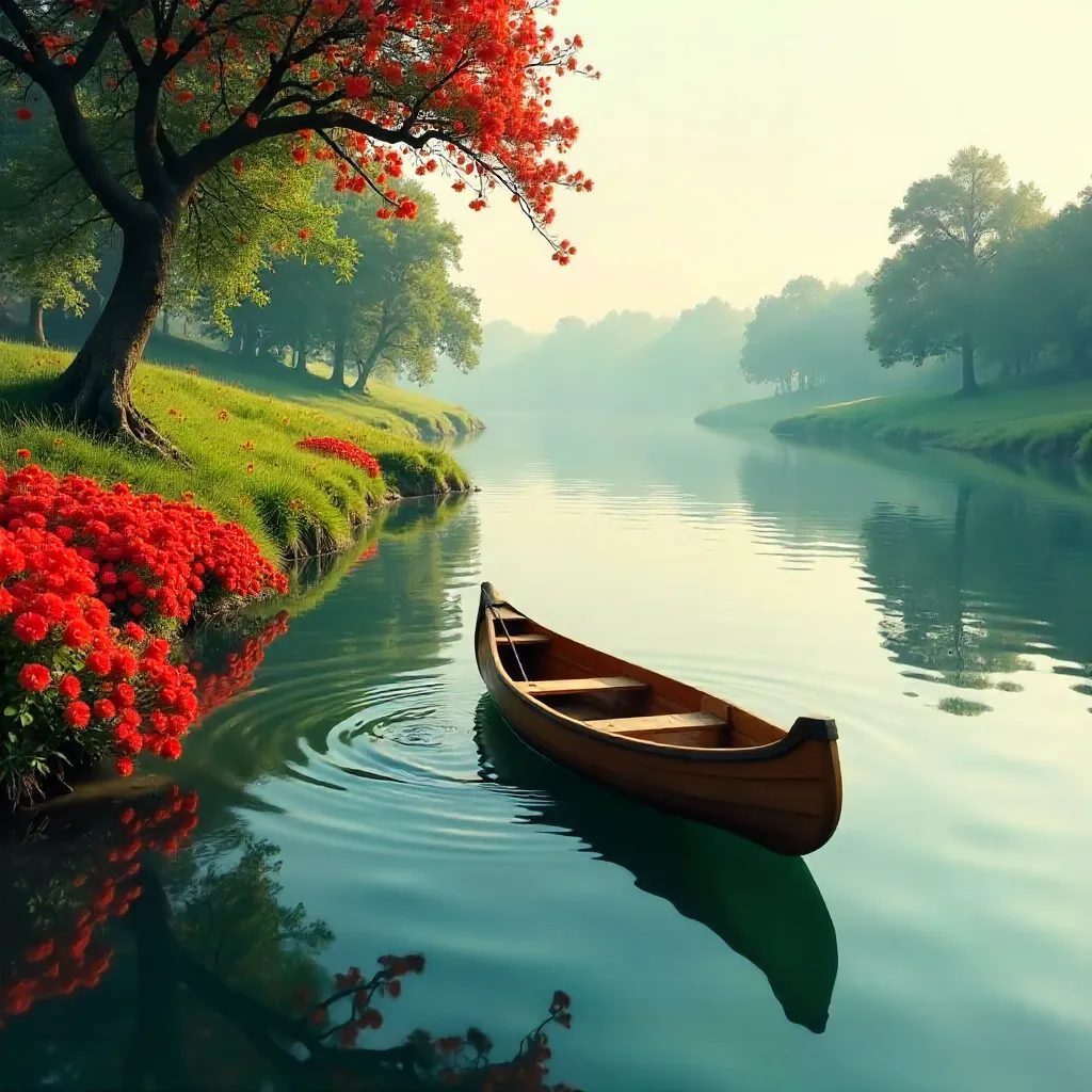 Canoe and Red Flowers on a Serene River
