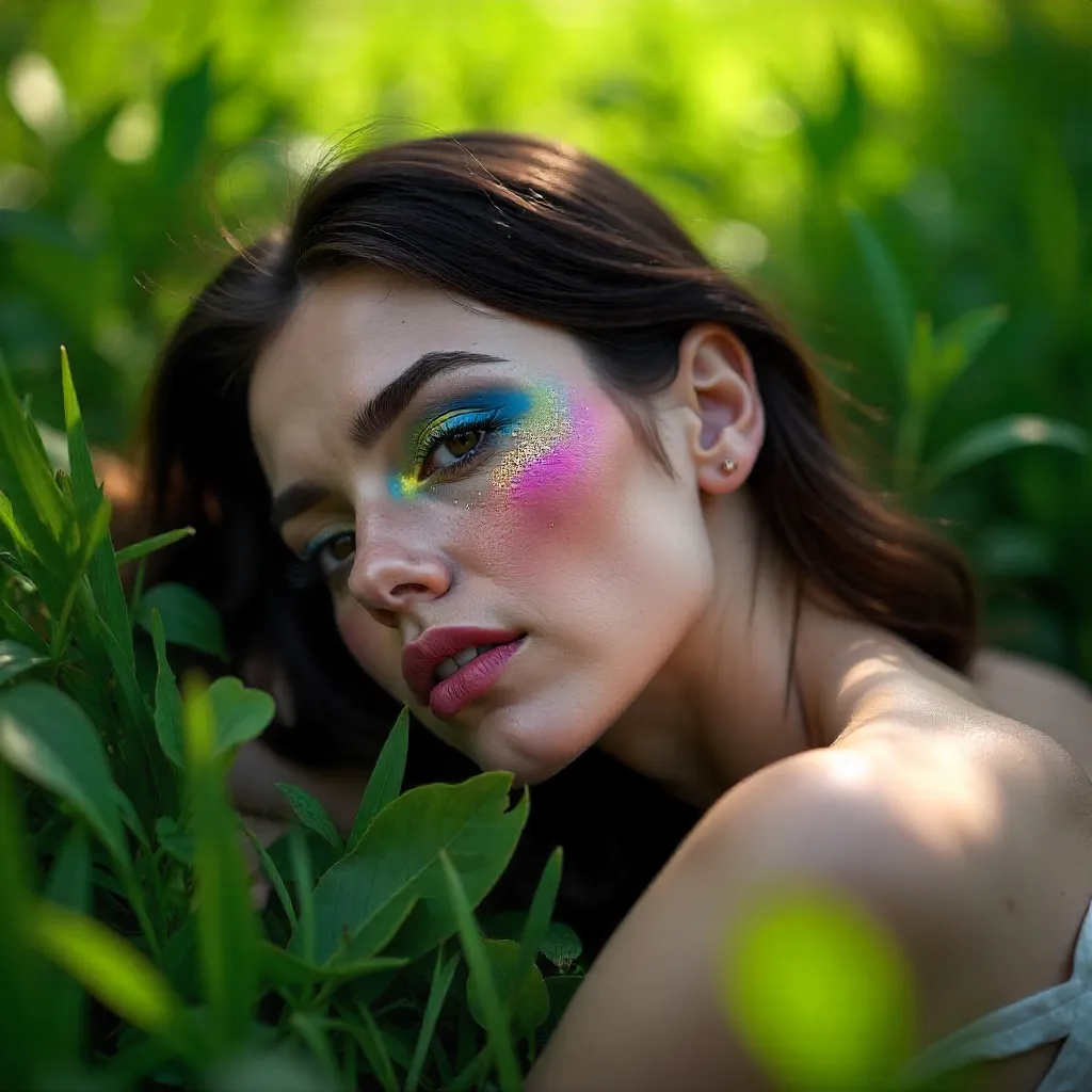 Vibrant Makeup on Grass: Natural Light Portrait
