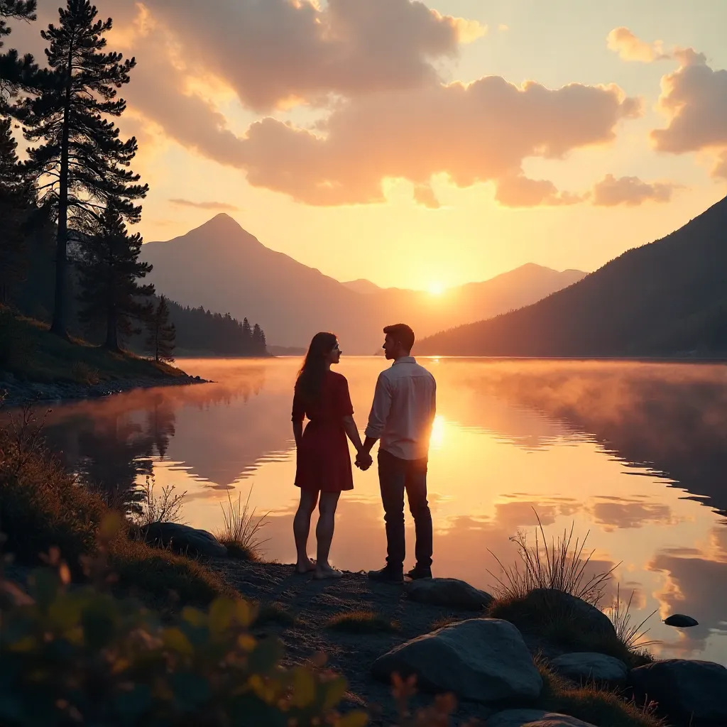 Couple by a Serene Lake at Sunset