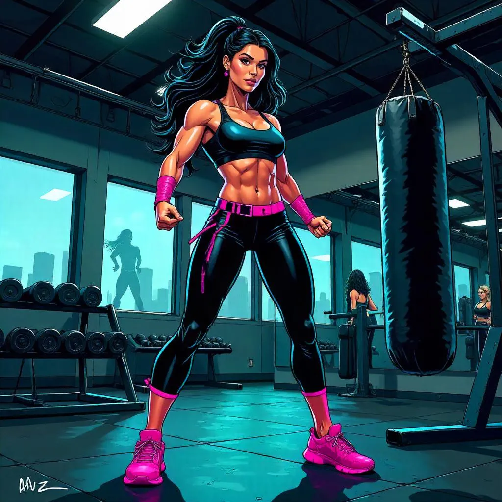 Latina Gym Hero in Bold Comic Style