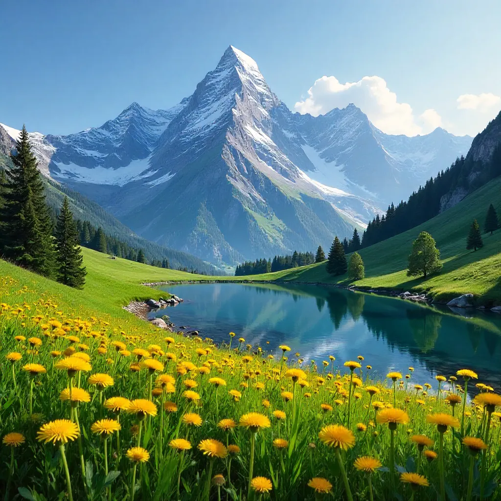 Serene Alpine Landscape: Dandelions and Snowy Peaks