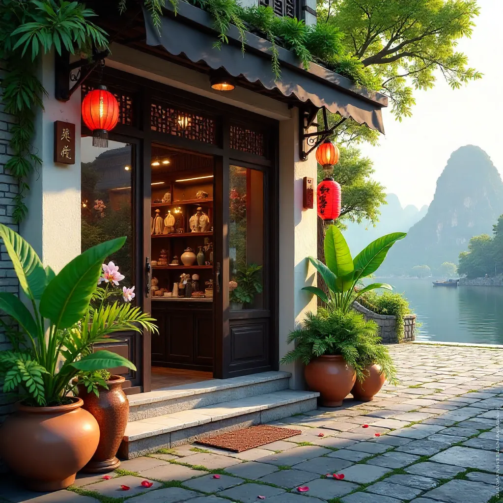 Inviting Boutique Entrance in Guilin with Plants, Lanterns and Steps