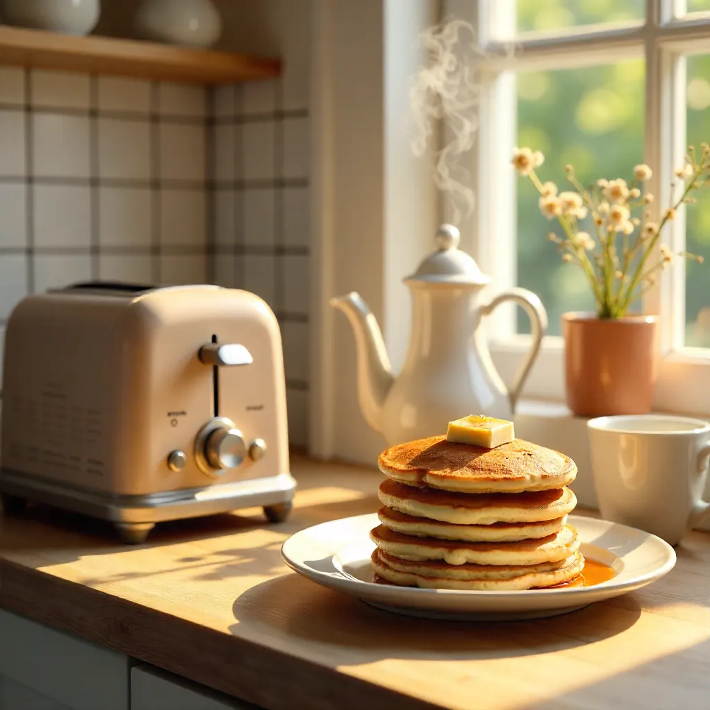 Cozy Morning Kitchen: Toaster, Pancakes, and Tea