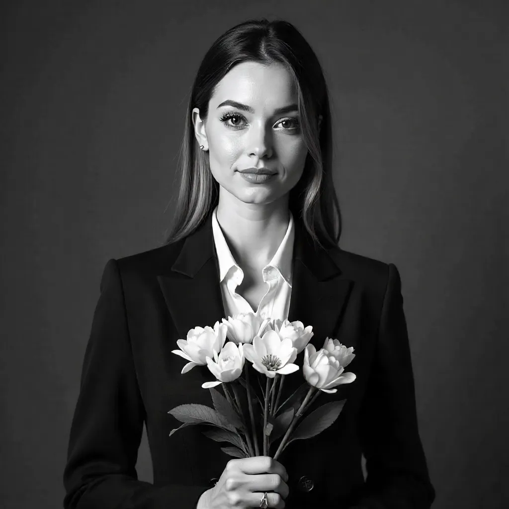 Stylish Black-and-White Graduate Portrait with Flowers