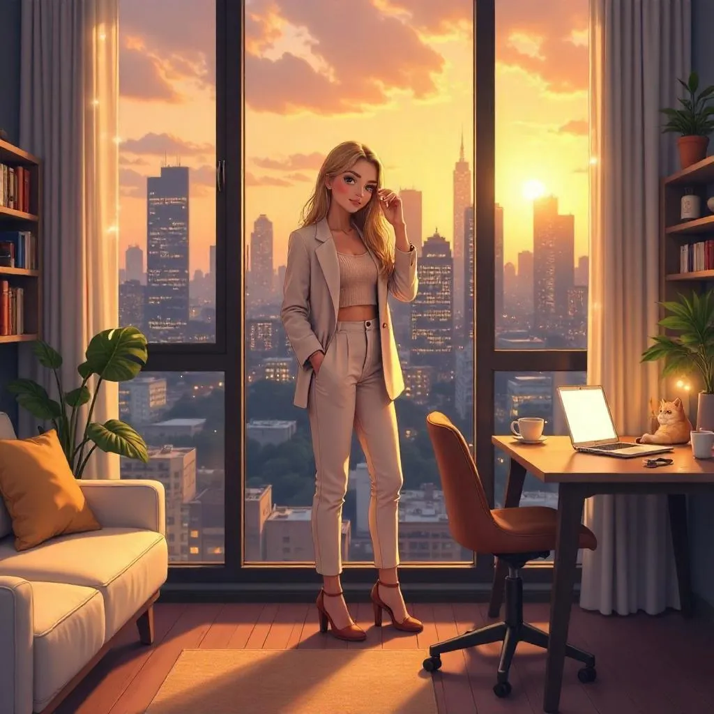 Stylish Anime Woman in a Cozy Modern Apartment