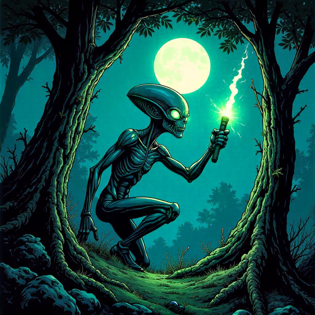 Midnight Forest Alien in a Comic Book Showdown