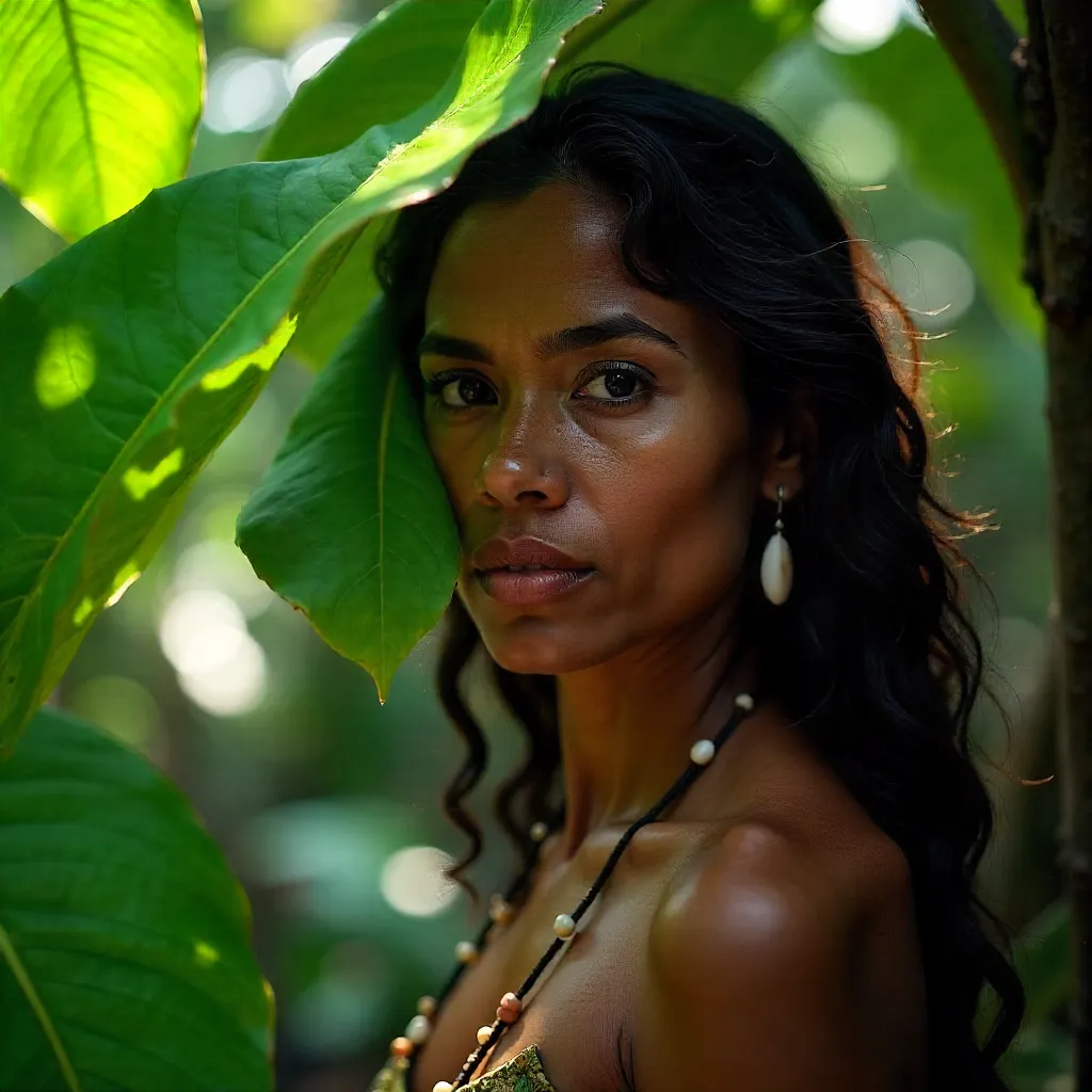 Papuan Woman in Leaves: Natural Jungle Portrait