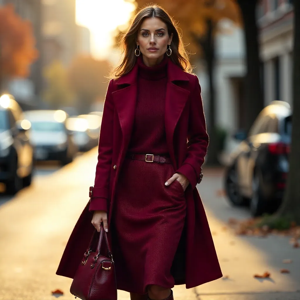 Maroon Fall Fashion: Coordinated Outfit with Leather Handbag