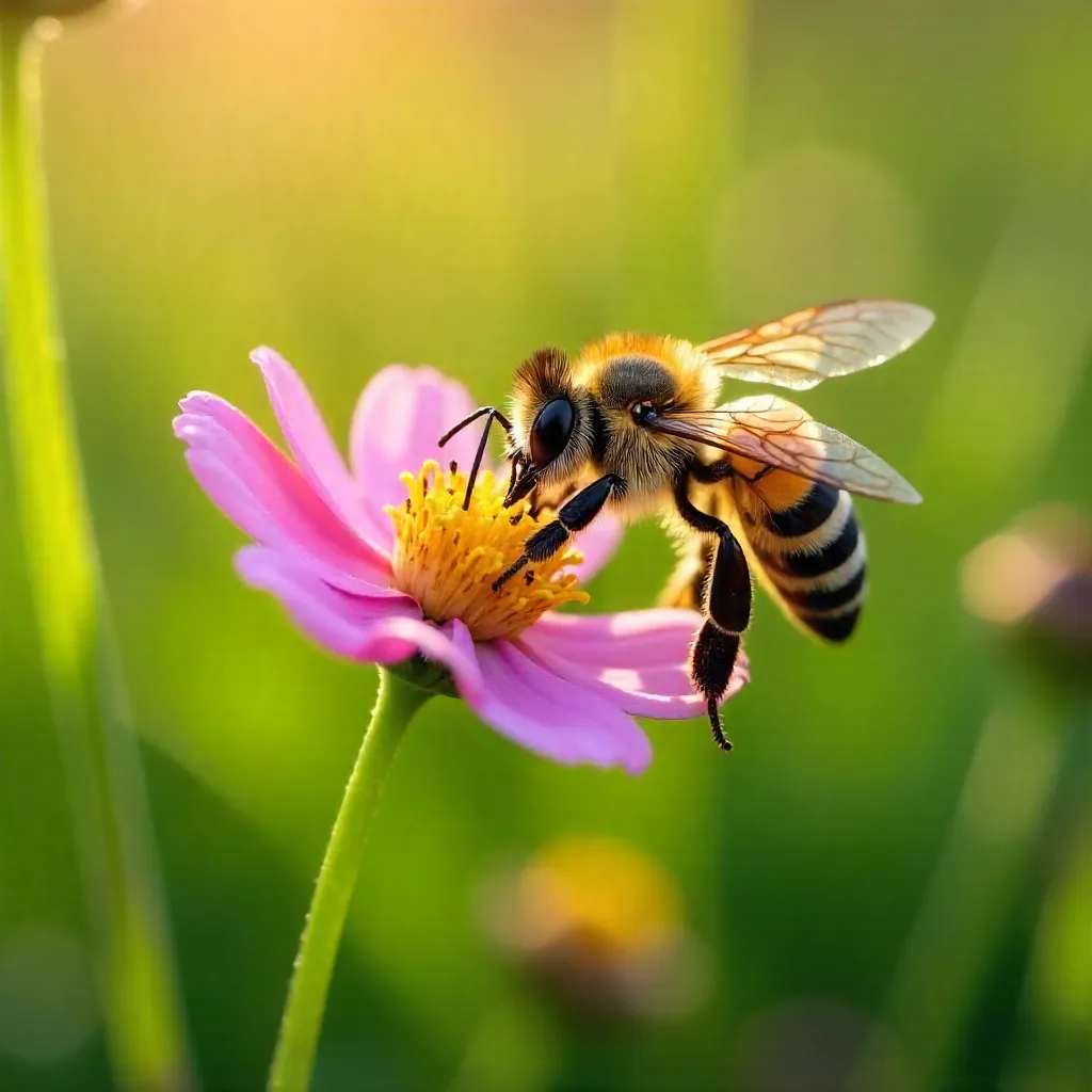 Macro shot: Honeybee pollinating pink wildflower in meadow