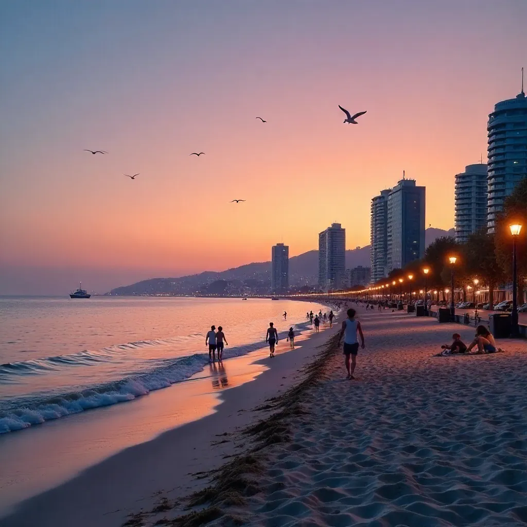 Peaceful Dusk on a City Beach with a Serene Skyline