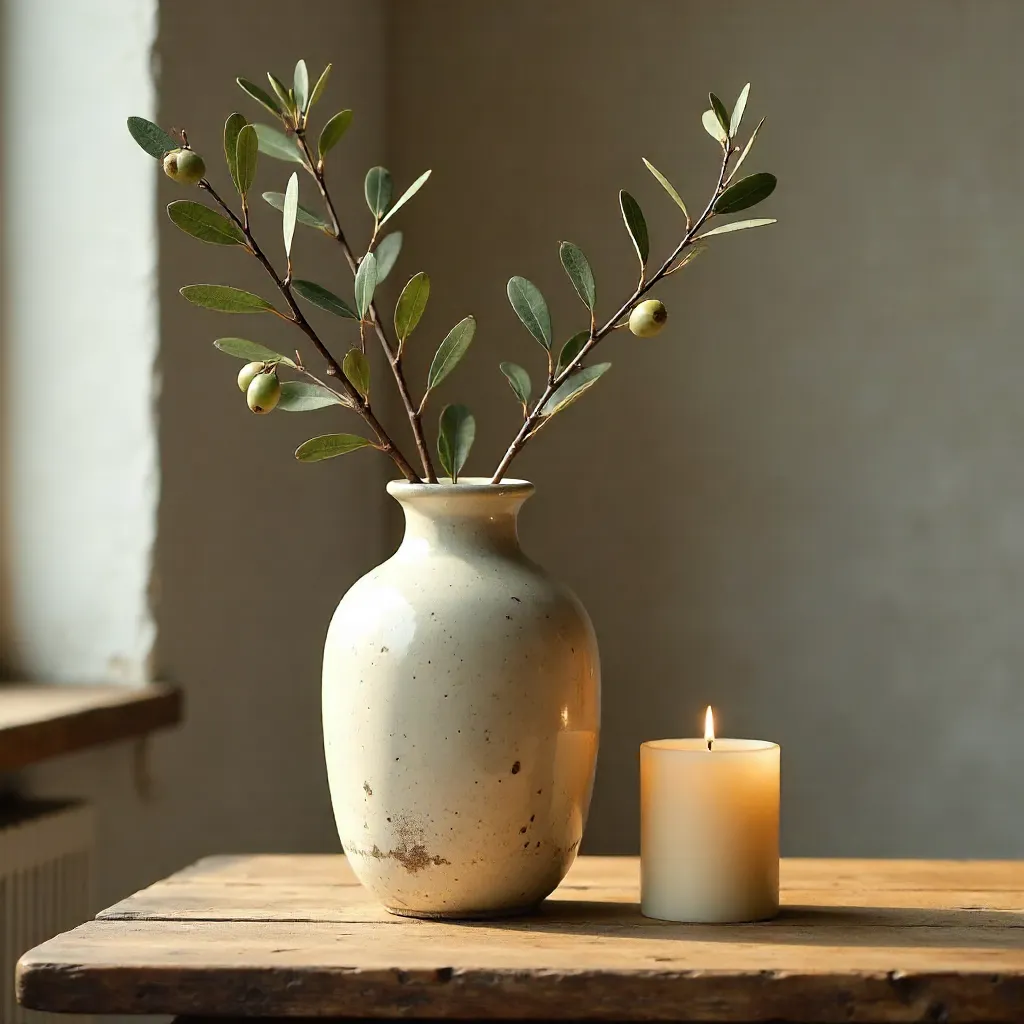 Minimalist Wabi-Sabi: Vase with Olive Branches and Candle