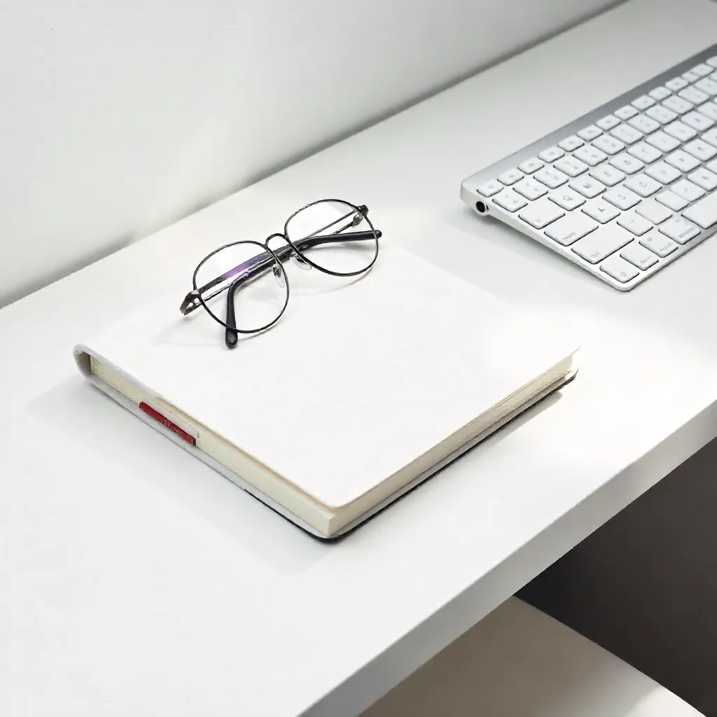 Minimalist White Home Office: Glasses, Notebook, Keyboard