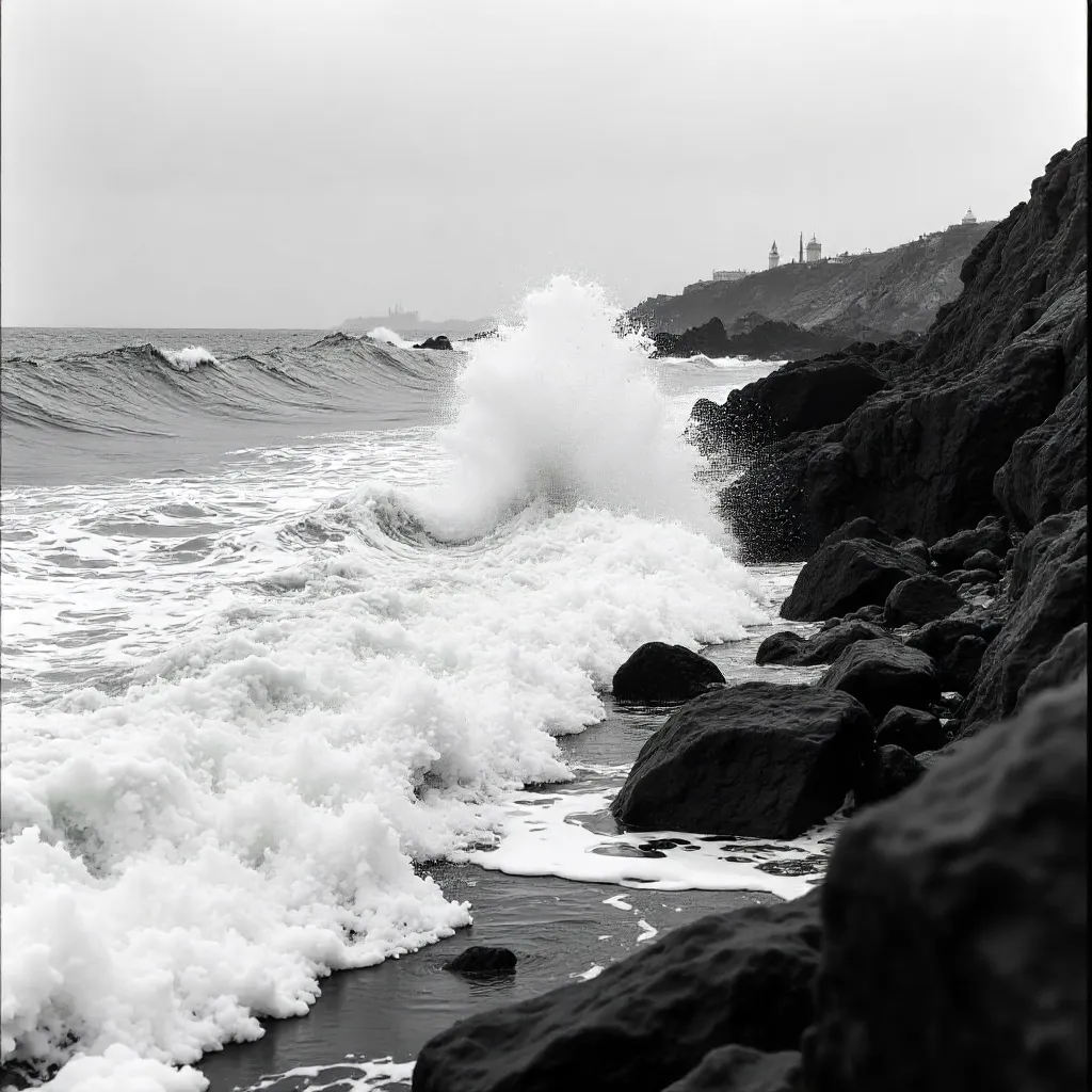 Monochrome Wave at Rabat's Rocky Atlantic Coast