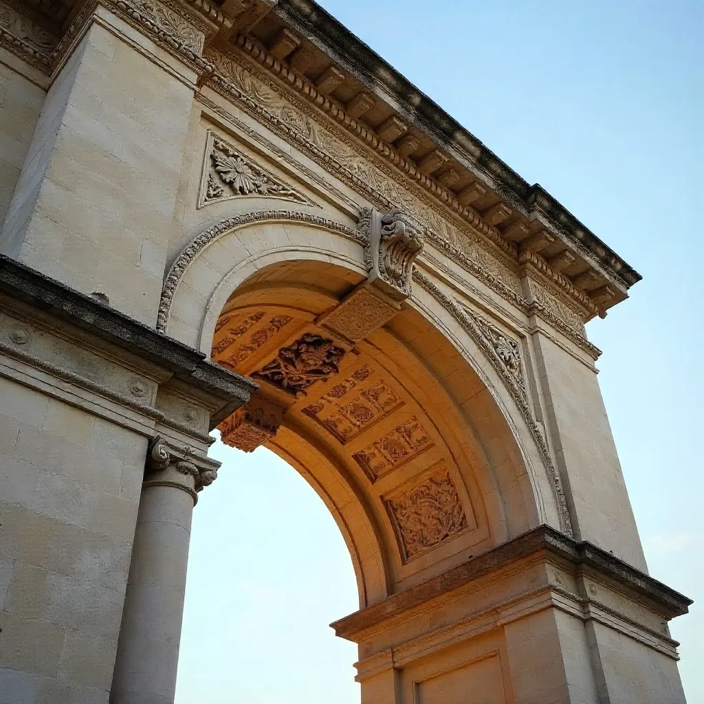 Beaux-Arts Arch: Close-Up Facade under Bright Sky