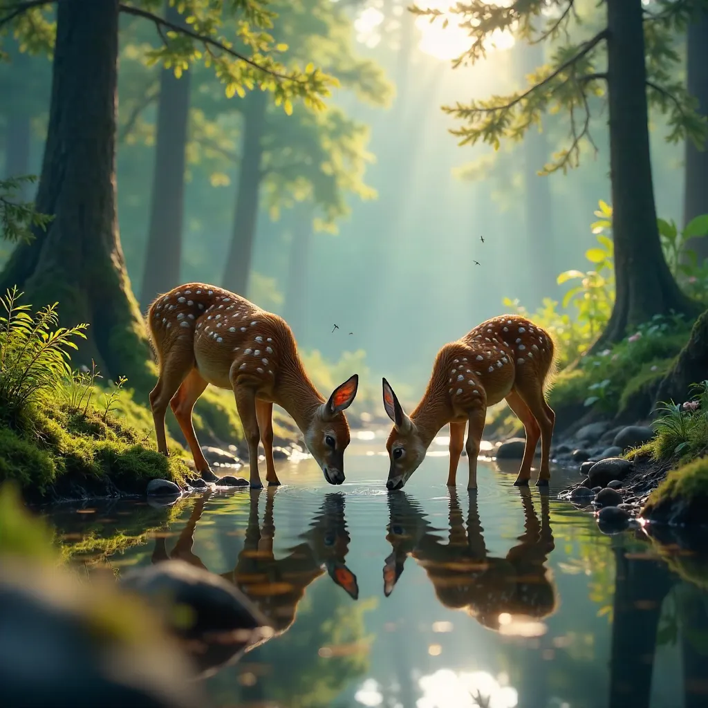 Two Deer Quench Their Thirst at a Forest Watering Hole