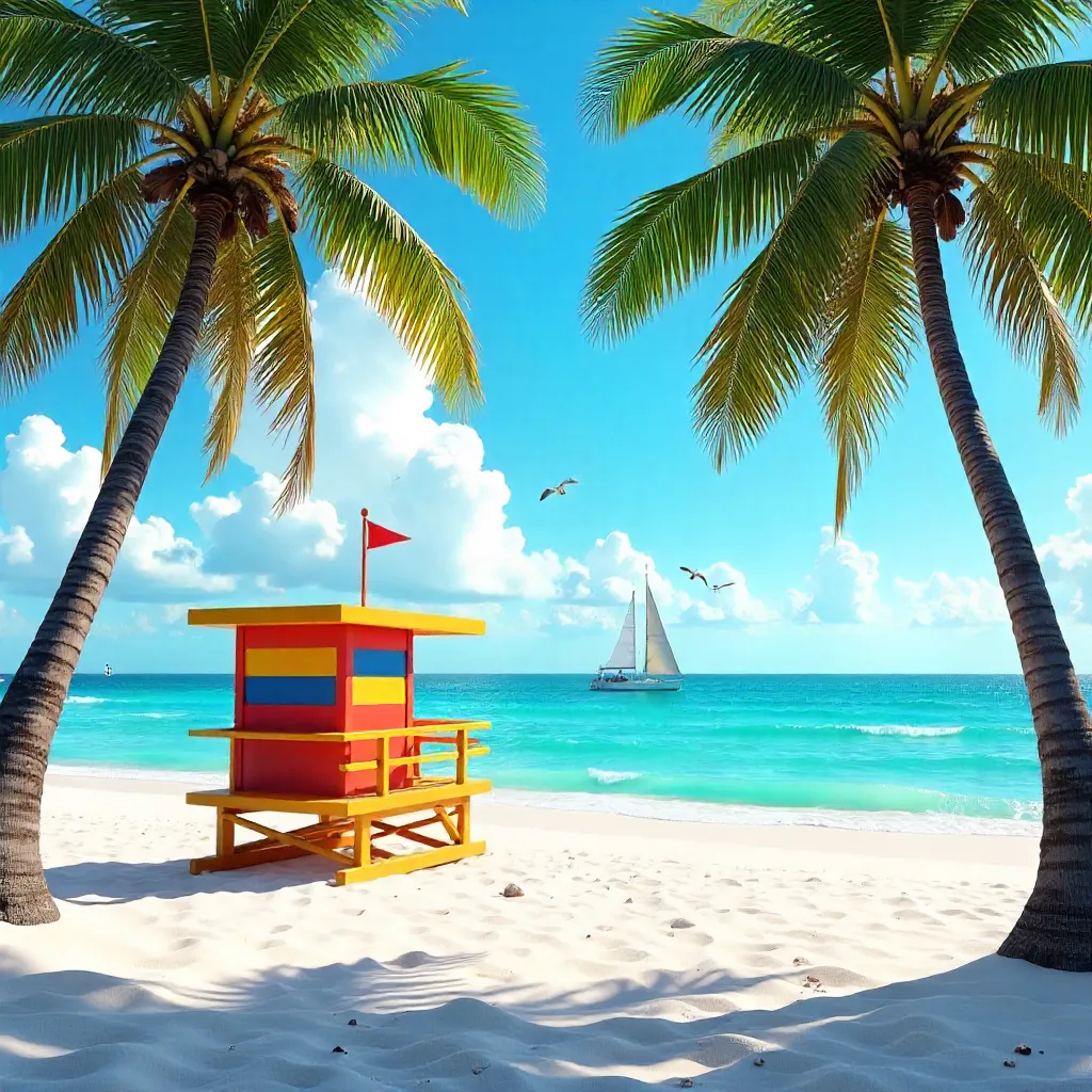 Serene Florida Beach: Palm Trees and Colorful Lifeguard Hut