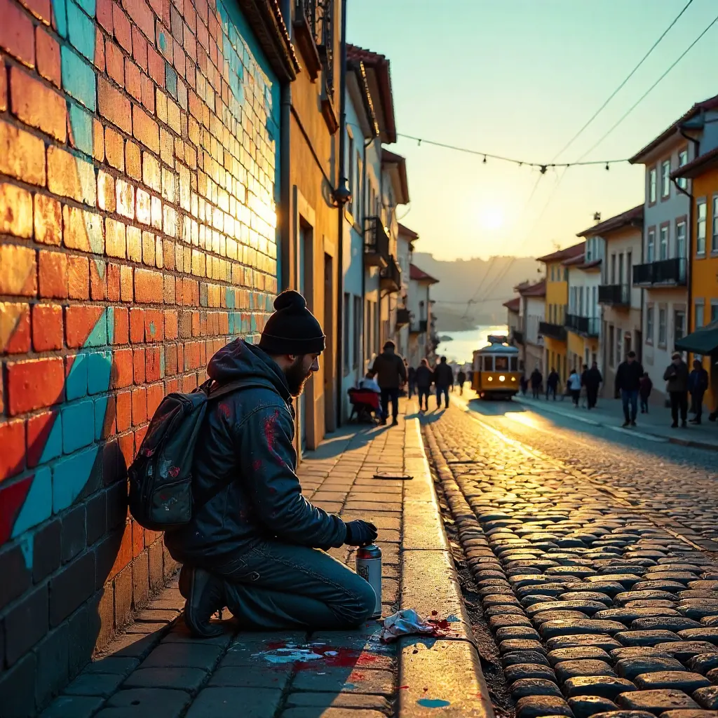 Porto Street Artist on a Busy Ribeira Street