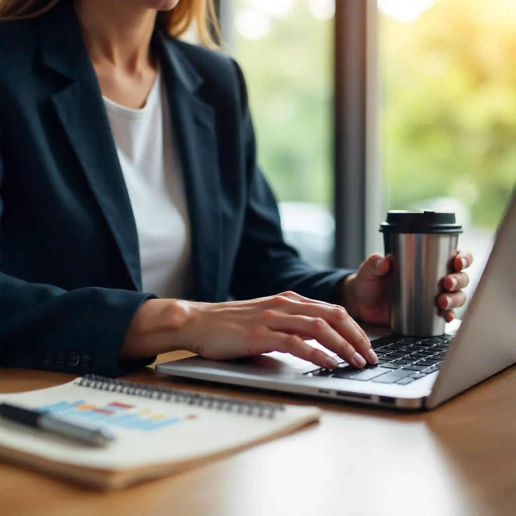 Productive Close-Up: Businesswoman with Laptop and Reusable Cup